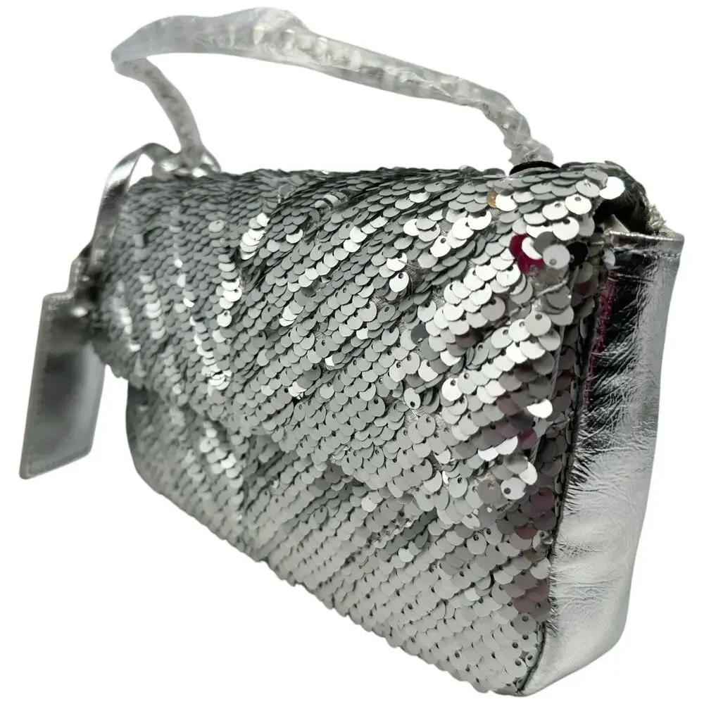 Nicole Miller Sequin Chevron Quilted Shoulder‎ Bag Chain Crossbody Purse Puffy